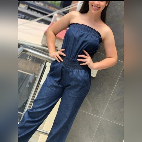 1X Denim Strapless Romper Pockets - Picture 1 of 8